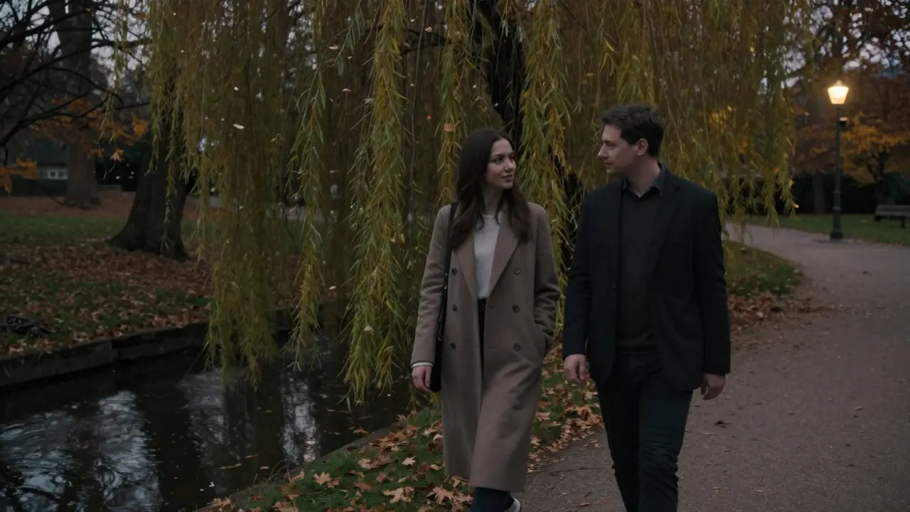 A companionable walk through Munich's Englischer Garten at dusk, with natural lighting and quiet ambiance.