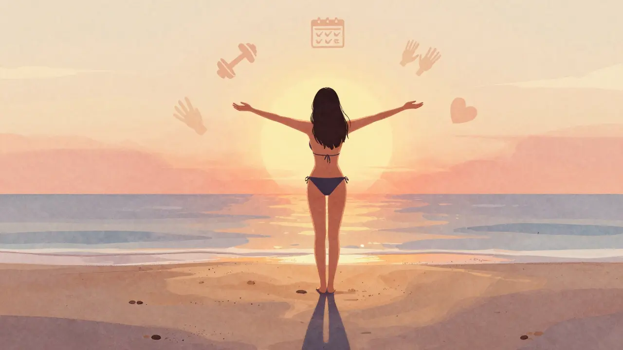 A confident woman on a beach at sunset, surrounded by symbols of resilience and growth.