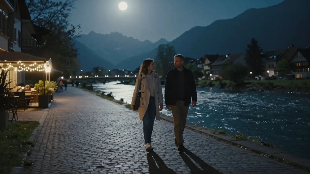 A couple walking peacefully along the Isar River at night under moonlight with distant Alpine views.