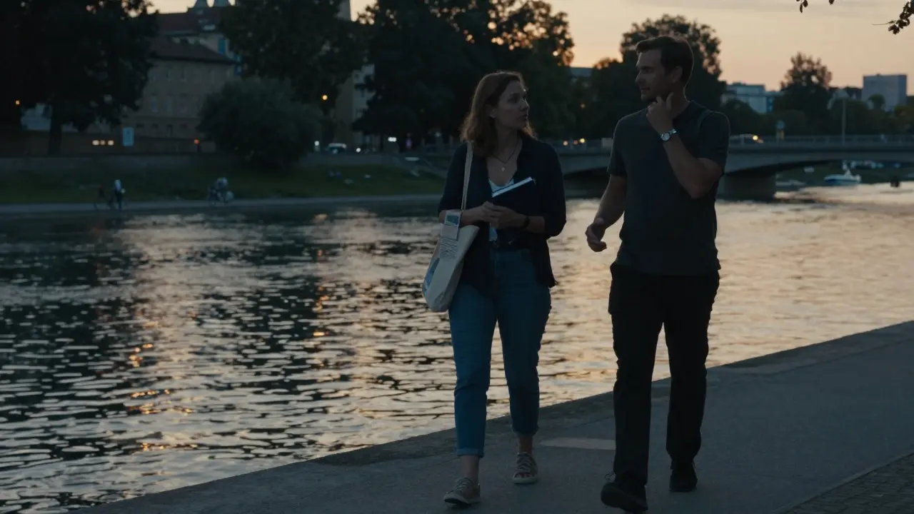 A couple walking peacefully along the Isar River in Munich at sunset, engaged in conversation.