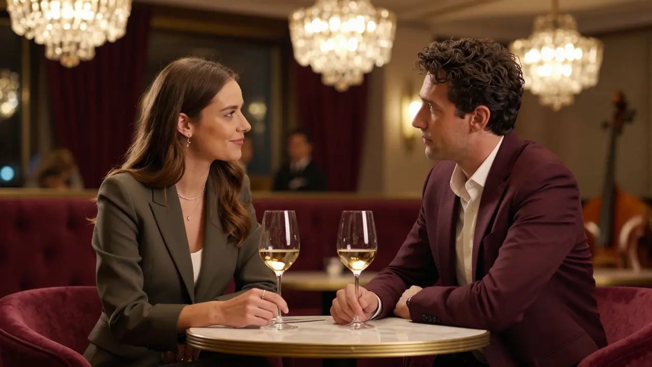 A man and woman engage in quiet conversation over wine in a sophisticated Munich lounge.