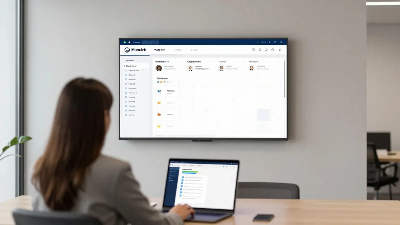 A modern Munich escort agency office with digital booking systems and verified client reviews on screen.