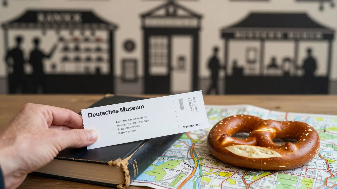 A museum ticket and book of Kafka’s works beside a pretzel and a map of hidden Munich spots.