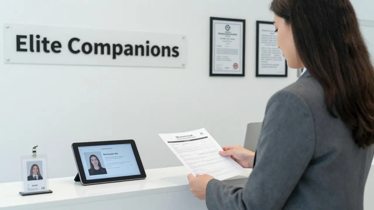 A professional escort agency office in Munich with verified ID and booking details displayed.