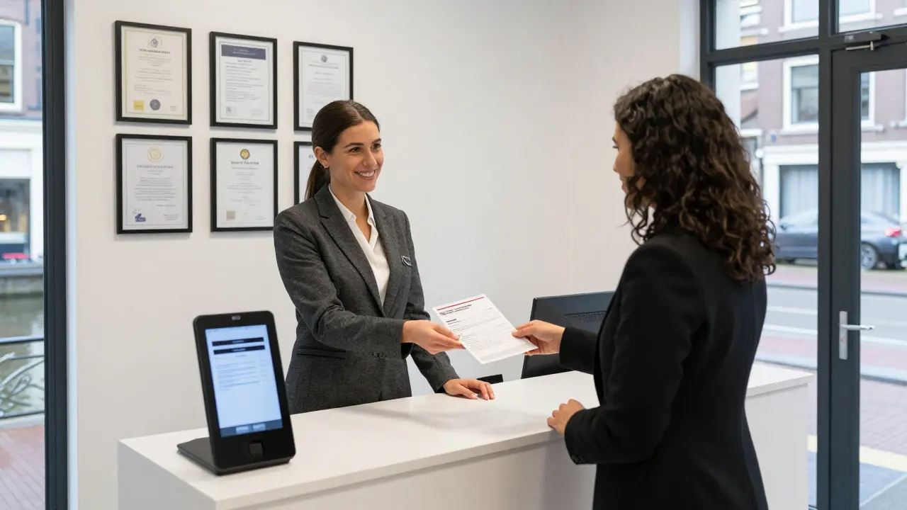 A professional escort agency reception with licensing certificates and digital booking kiosk.