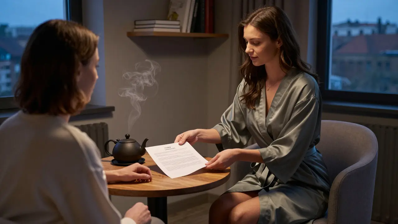A professional escort and client reviewing a written agreement in a quiet hotel room with teapot and books.