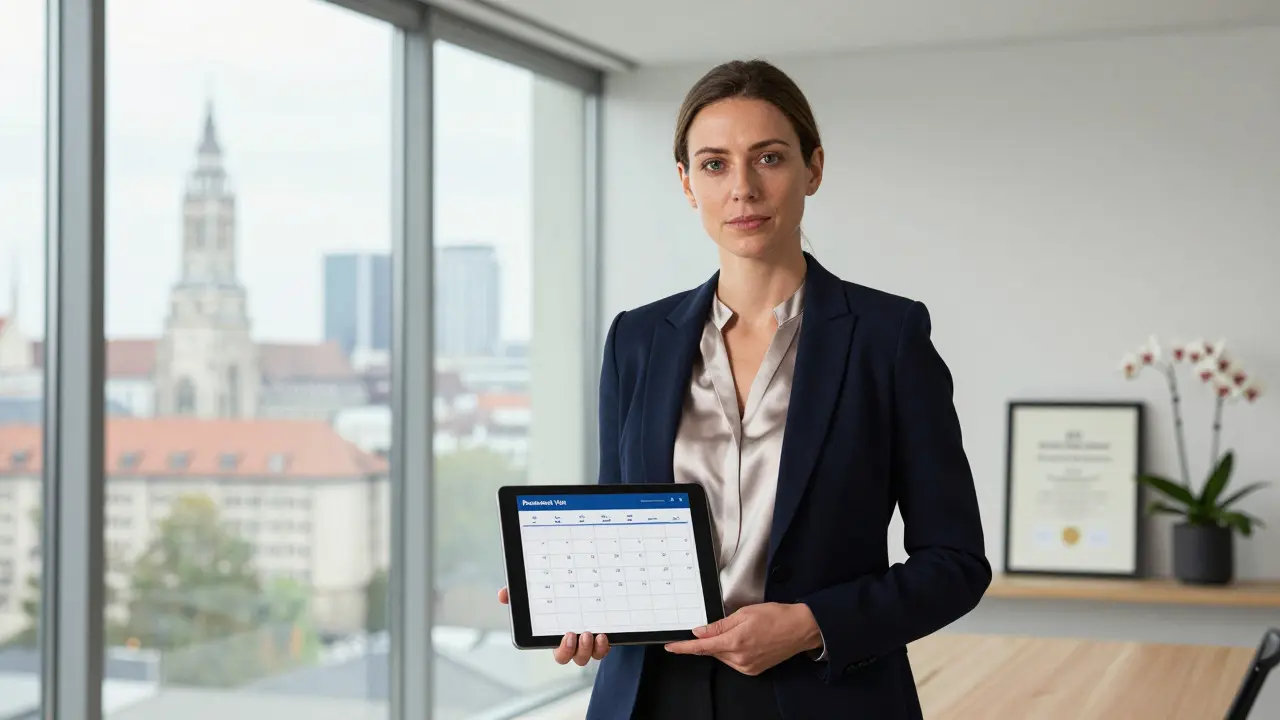 A professional woman in a modern office, preparing for client appointments with calm confidence.