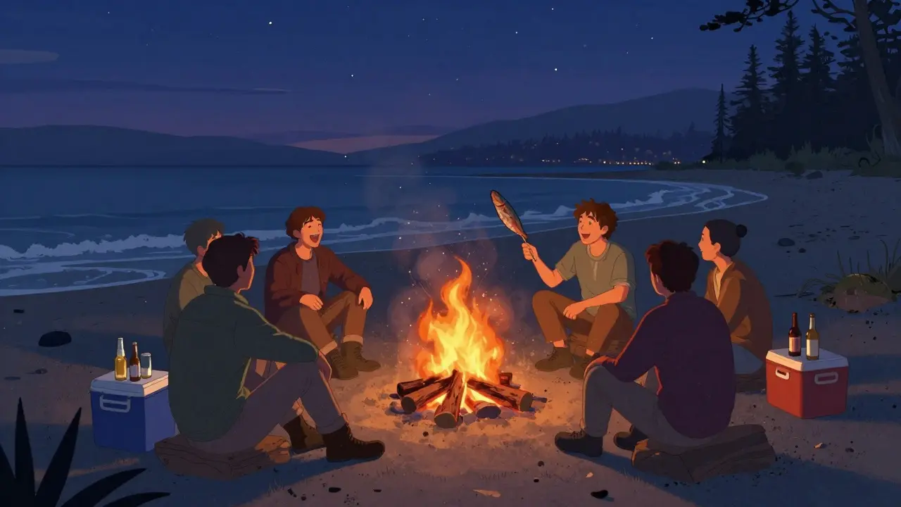 A quiet bonfire on a beach at twilight, men sitting in calm camaraderie as waves roll in.
