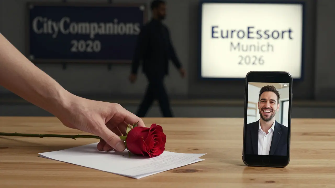 A rose and unscripted video still on a table, with a faded old agency sign fading into the background as a modern one glows ahead.