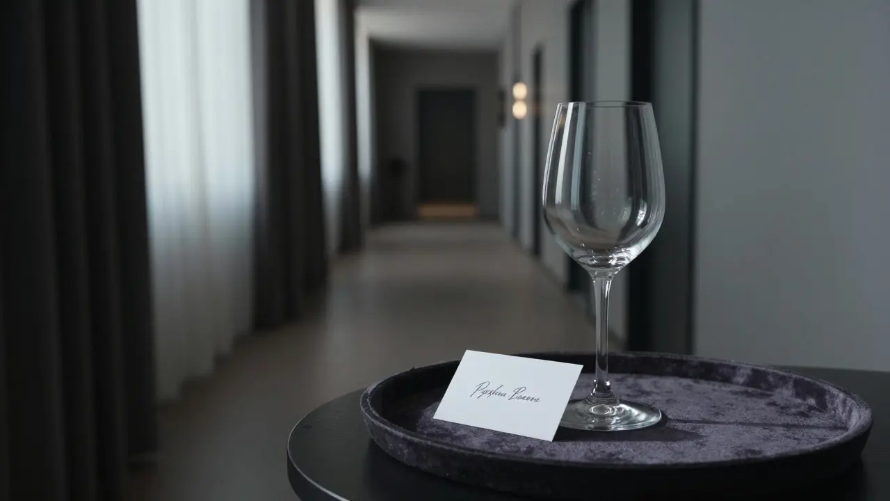 A single business card rests on a velvet tray beside a wine glass in a quiet hotel hallway at dawn.