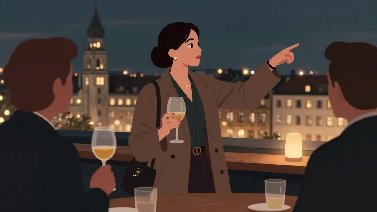 A sophisticated companion points out a landmark to a client at a cozy rooftop bar in Munich.
