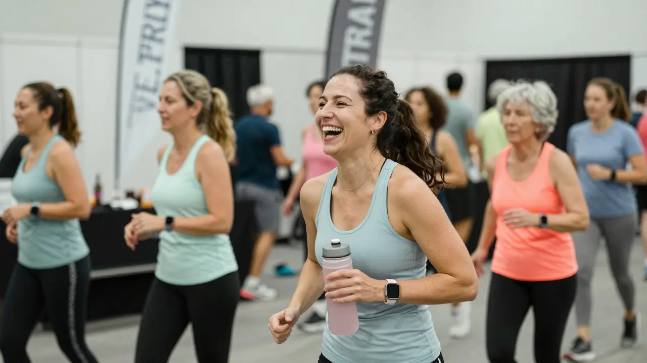 A woman laughing at a fitness expo, surrounded by diverse community members in motion.