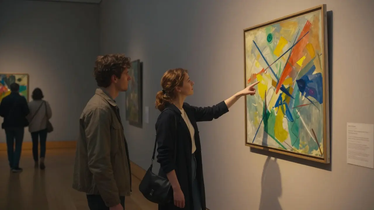 A woman sharing art insights with a companion in the Neue Pinakothek museum.