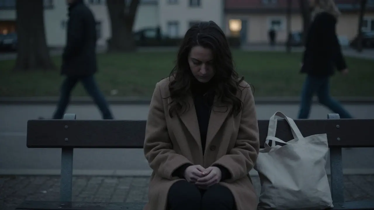 A woman sits alone on a park bench in Neuperlach at dusk, face in shadow, unnoticed by passersby.