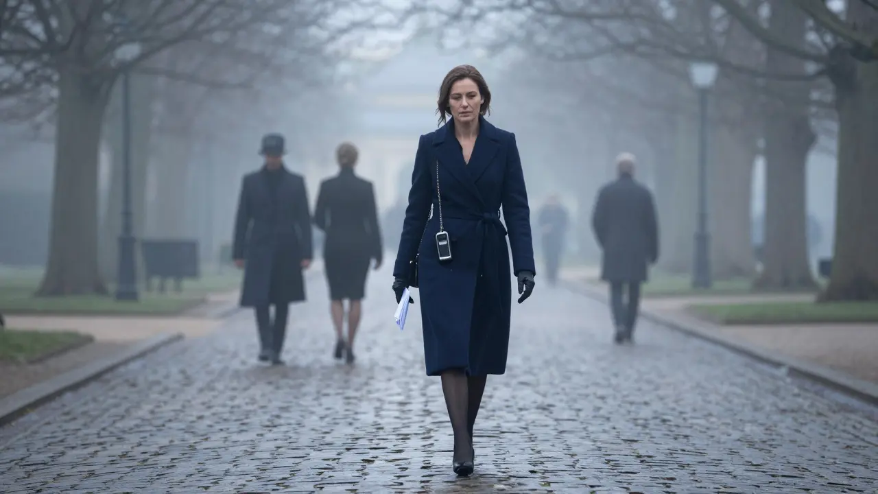 A woman walks alone through misty gardens at dawn, leaving behind the glow of a private gala.