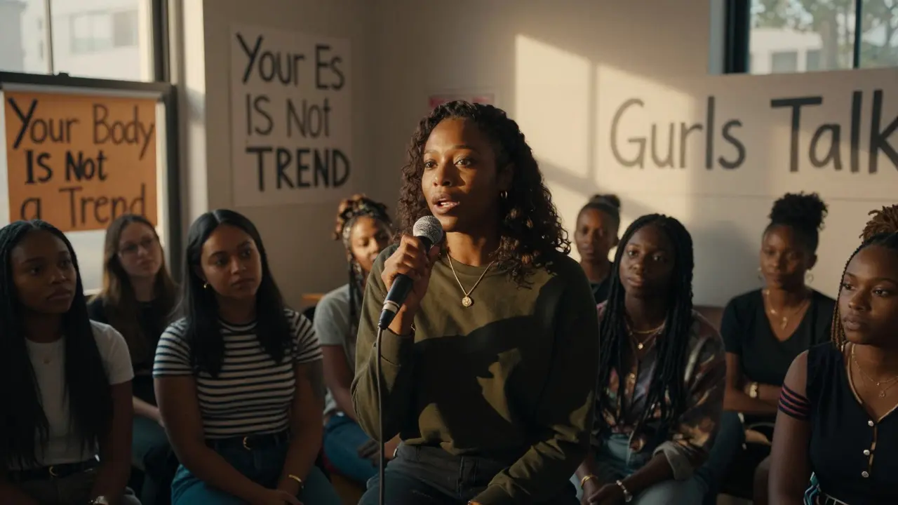Adwoa Aboah speaking at a community event, surrounded by attentive young women with inspirational wall slogans.