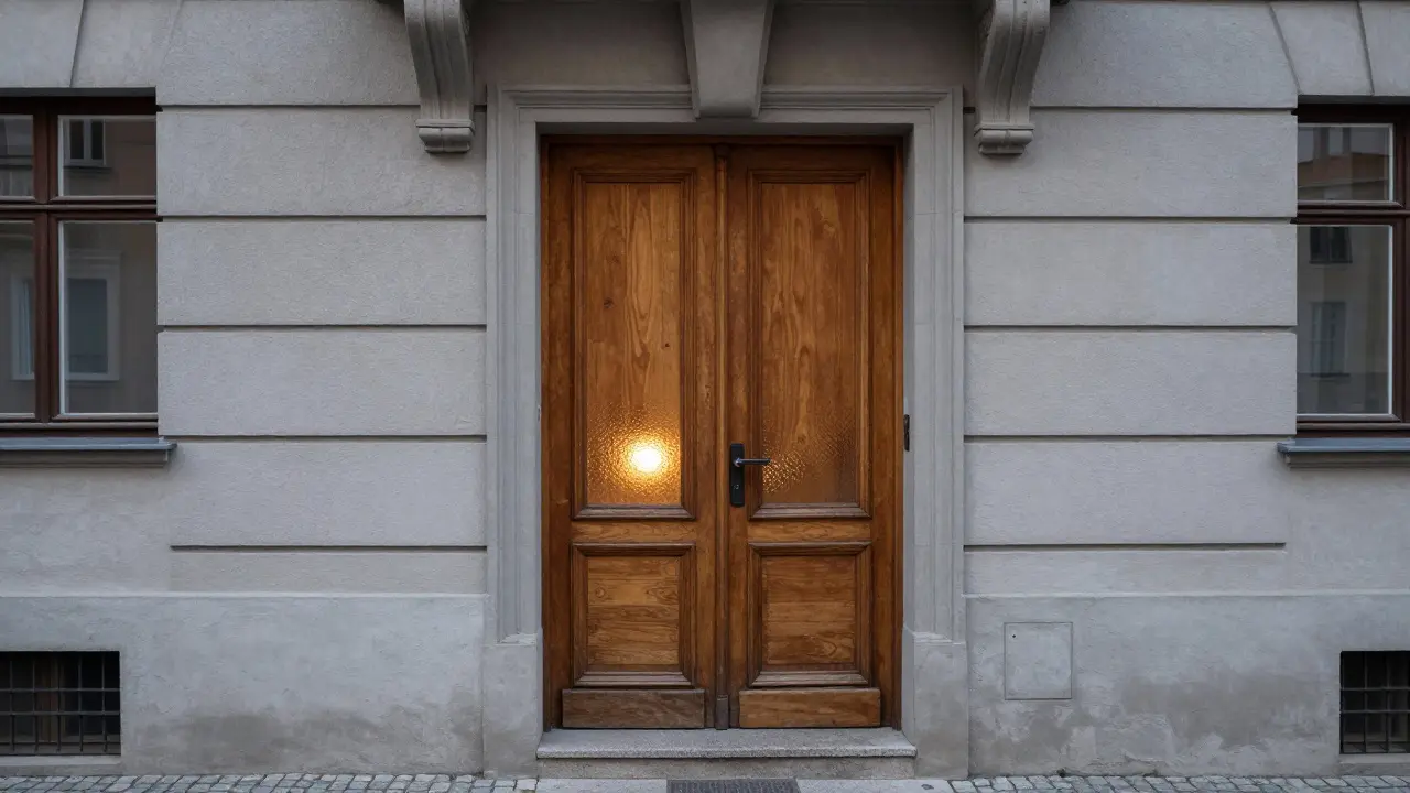 Close up of a plain wooden door with warm light underneath.