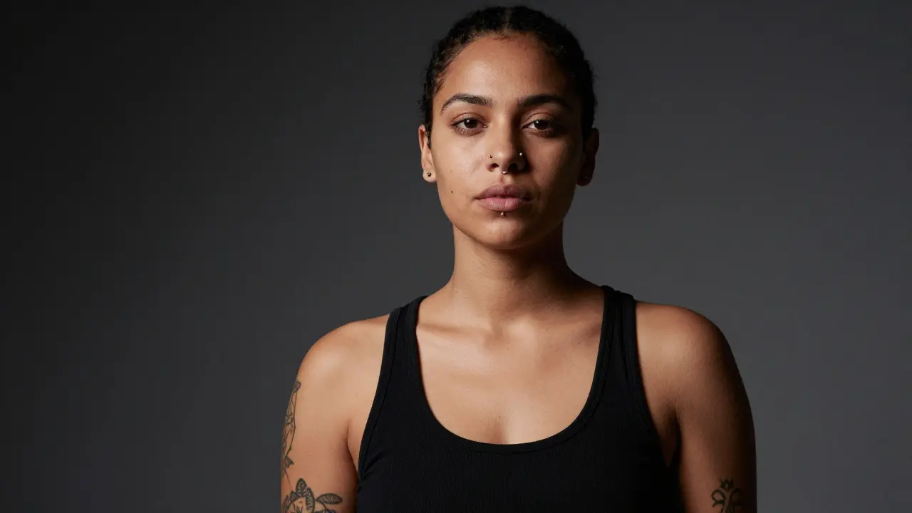 Close-up portrait of model with visible tattoos smiling.