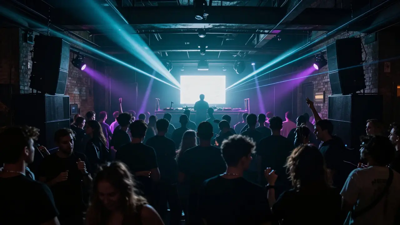 Diverse crowd dancing under laser lights inside a dark underground techno club.