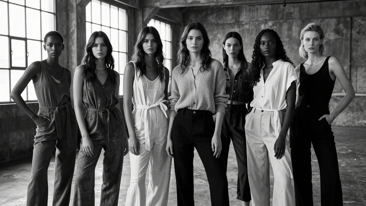 Diverse group of fashion models on urban runway.