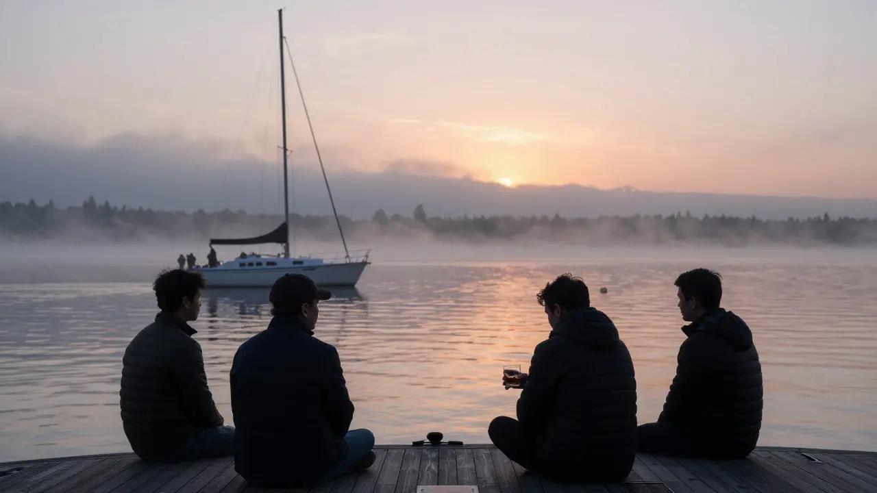 Four men sit in silent unity on a yacht at dawn, sharing whiskey over False Creek.
