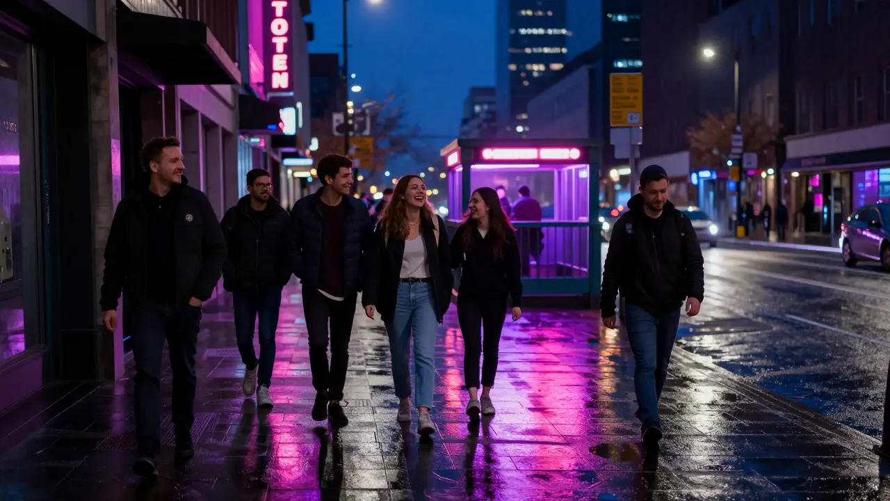 Friends walking on a neon-lit street near a subway station late at night.