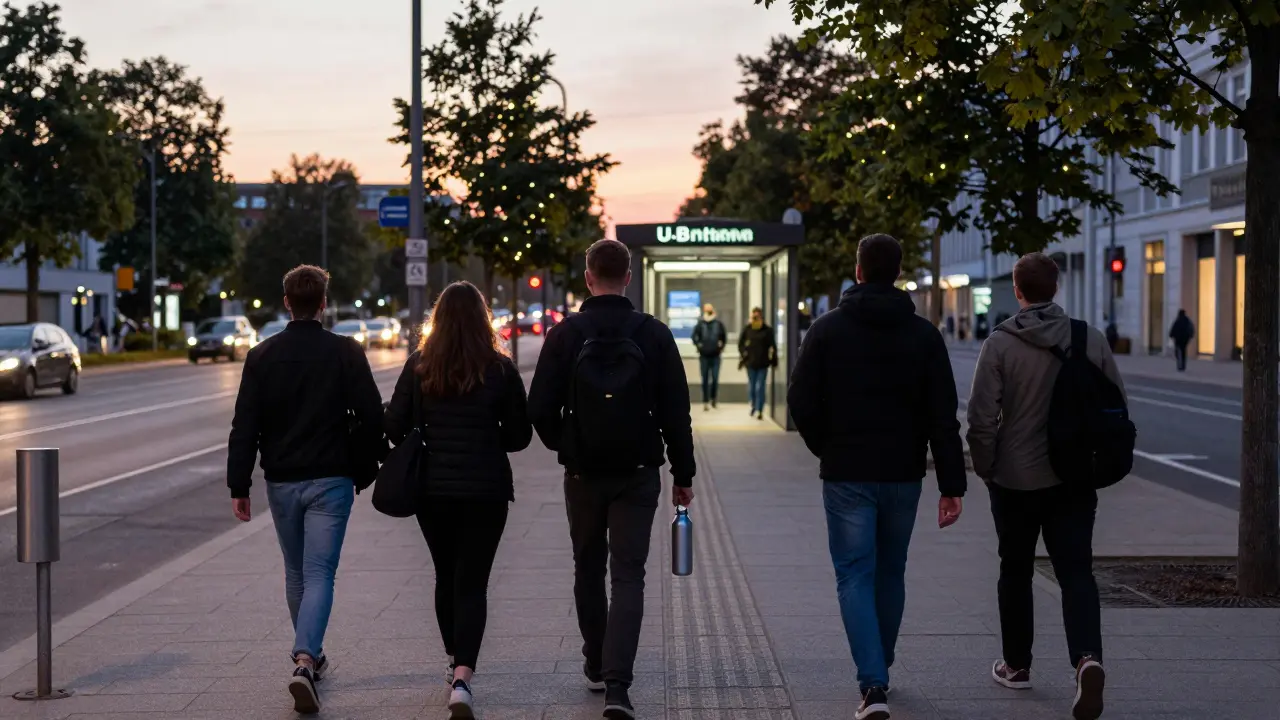 Friends walking safely towards a subway station entrance on a well-lit street.