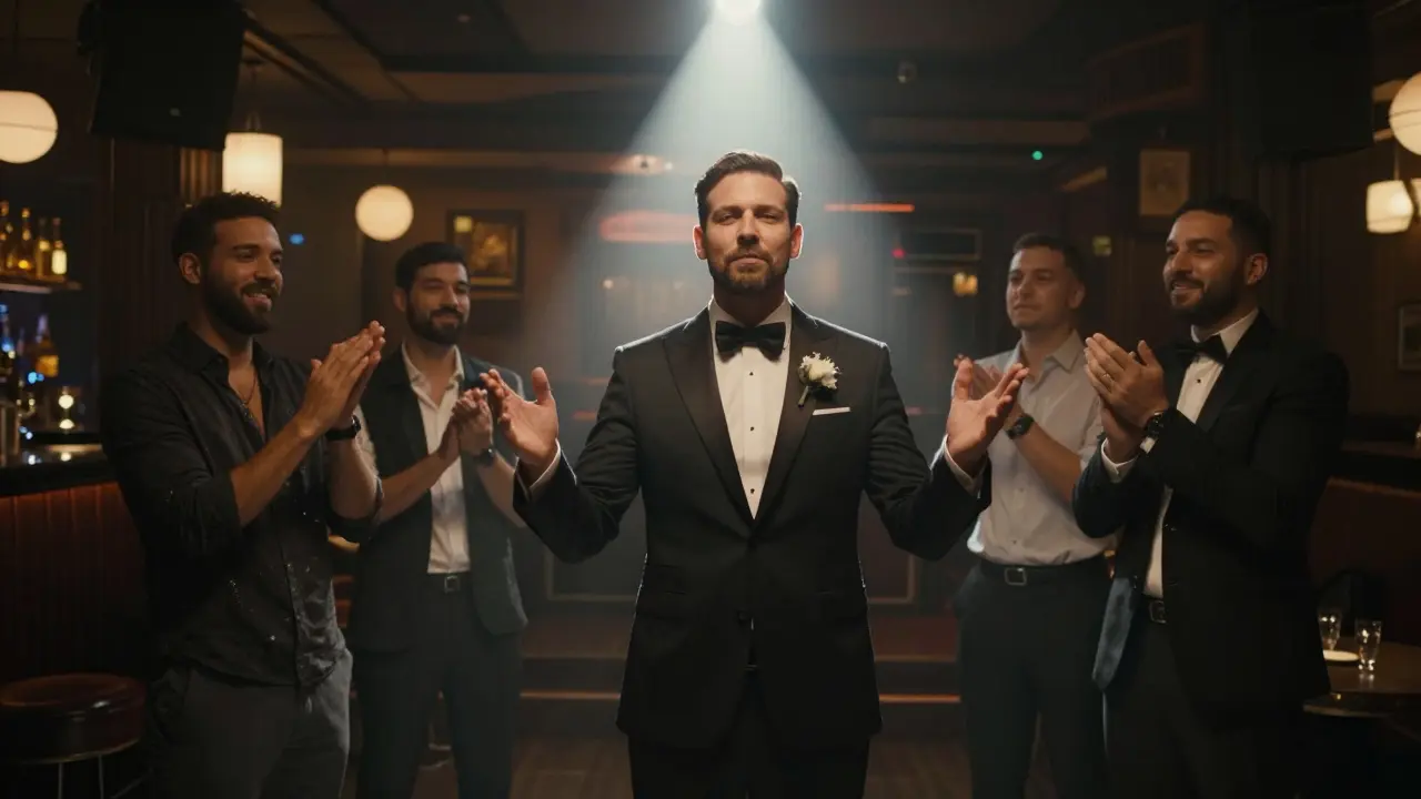 Groom alone in a spotlight with one friend clapping, others joining softly.