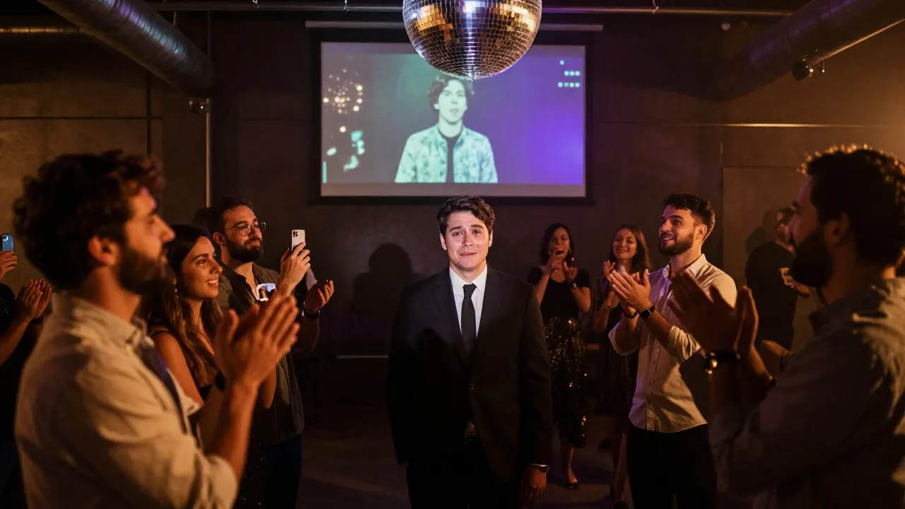 Groom moved as a hologram of a friend appears during a private celebration.