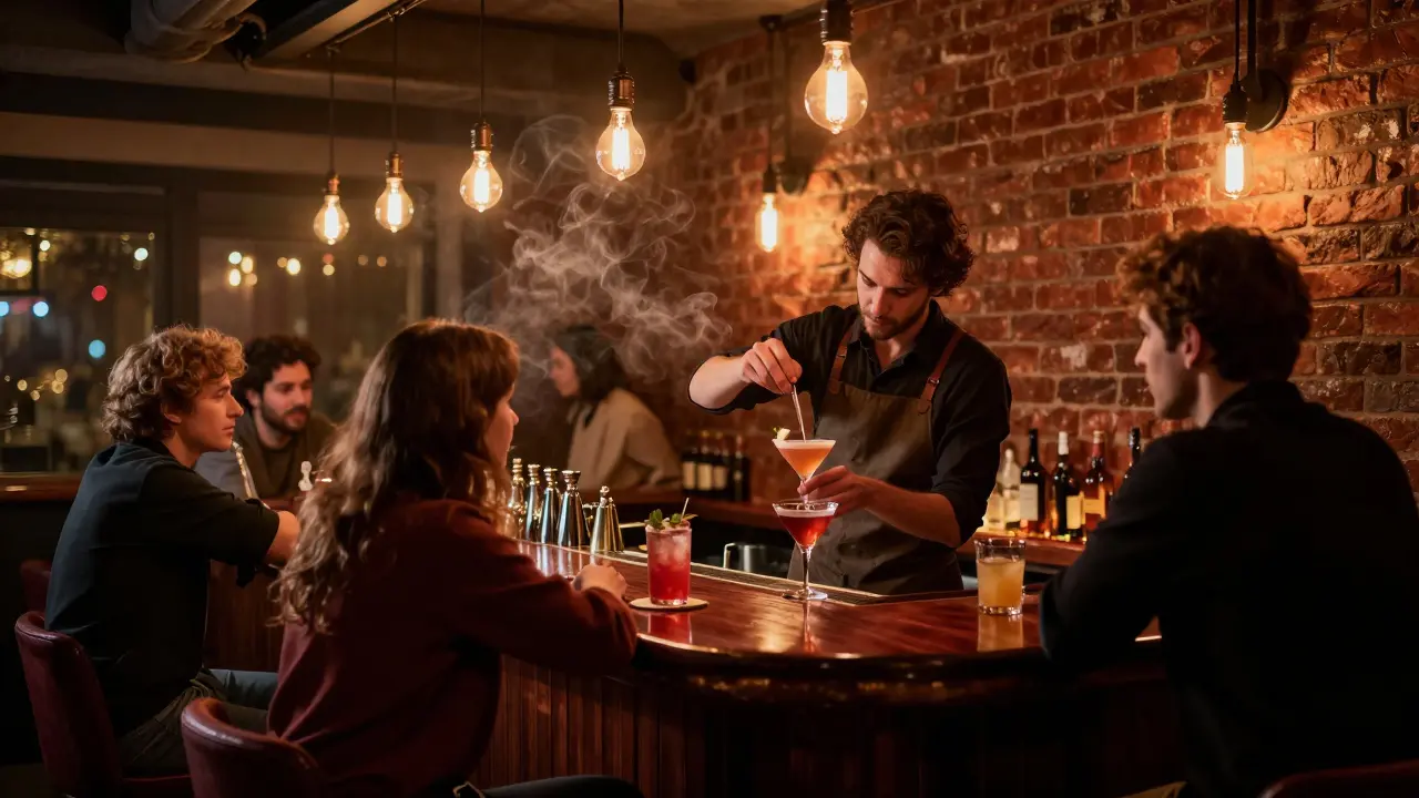 Interior of a dimly lit craft cocktail bar with a bartender.