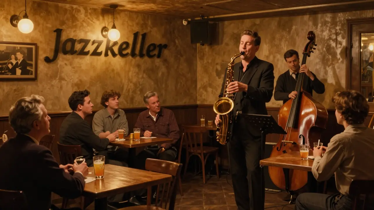 Jazz musician playing saxophone in a warm, intimate Munich bar