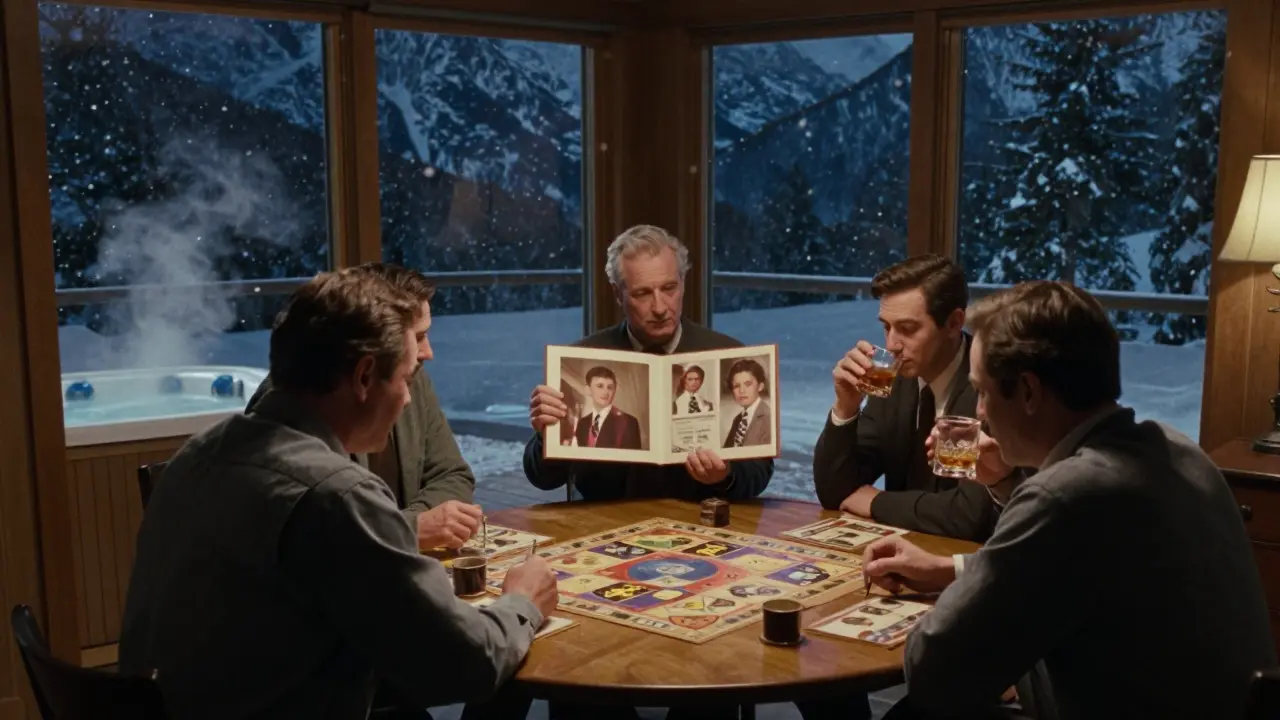 Men gathered in a cozy mountain cabin at night, playing games and sharing memories by lamplight.