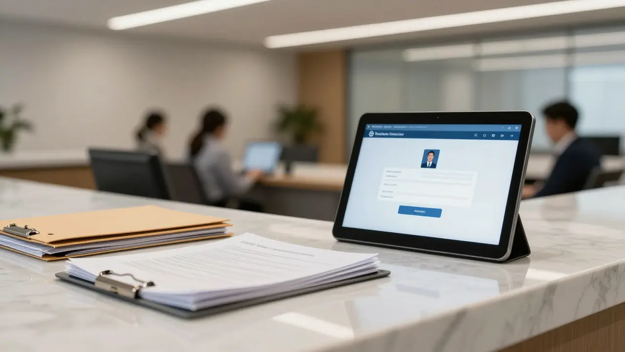 Office reception area with tablets and staff blur