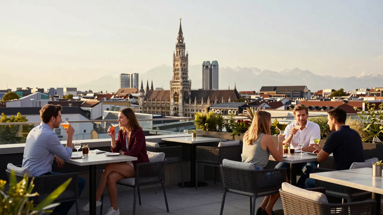 People enjoying cocktails on a rooftop lounge with city views at sunset