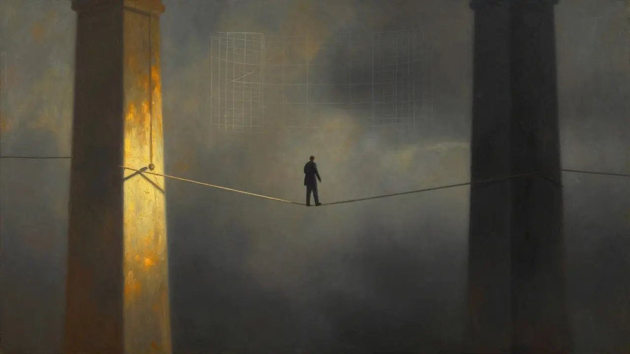 Person balancing on a tightrope between light and darkness representing legal risk.