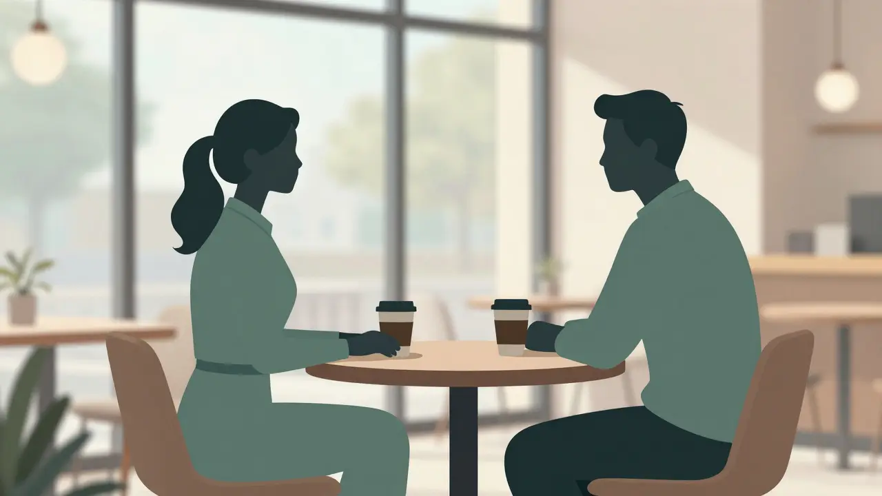 Silhouettes of two people sitting safely across a cafe table.