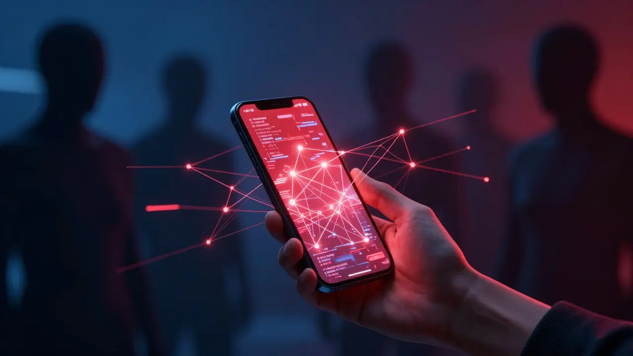 Smartphone emitting glitching data connections to shadowy figures in dark blue.
