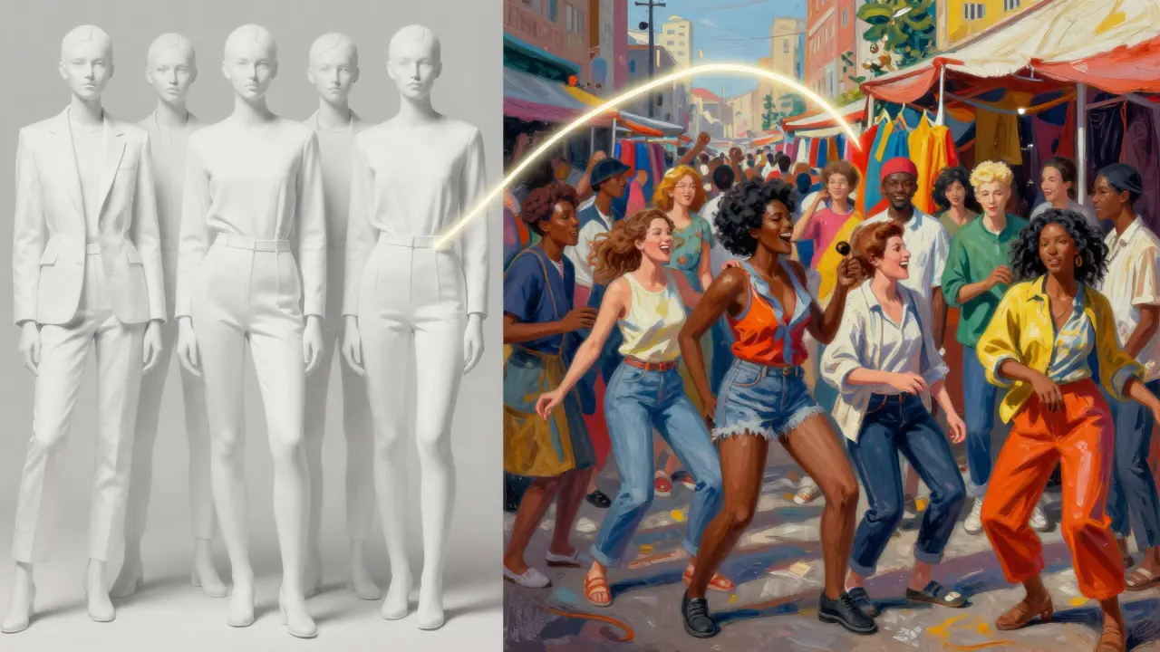 Split image: 1990s uniform fashion vs. vibrant, diverse modern models connected by a glowing arc of progress.