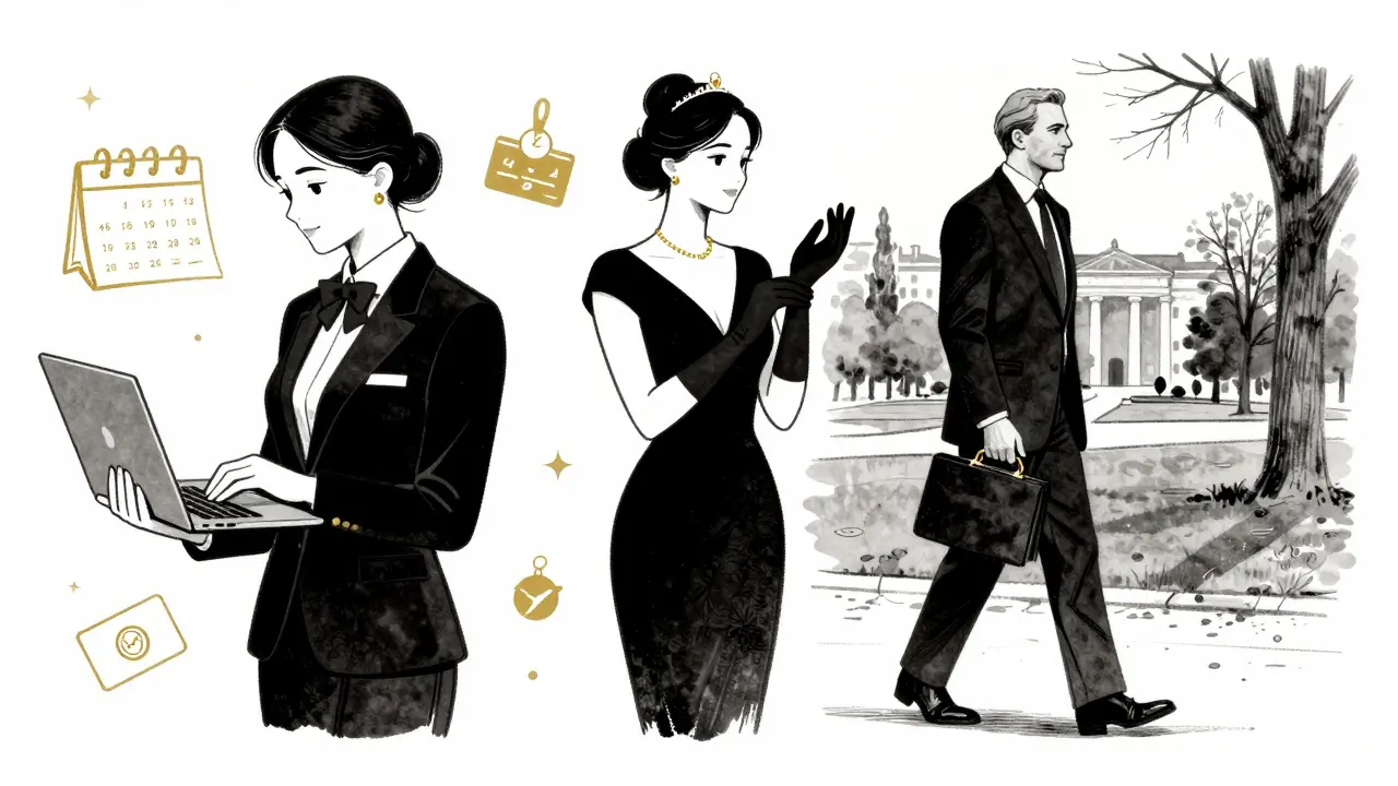 Three Munich escort profiles: independent, event, and long-term companion, each depicted with subtle professional symbols.