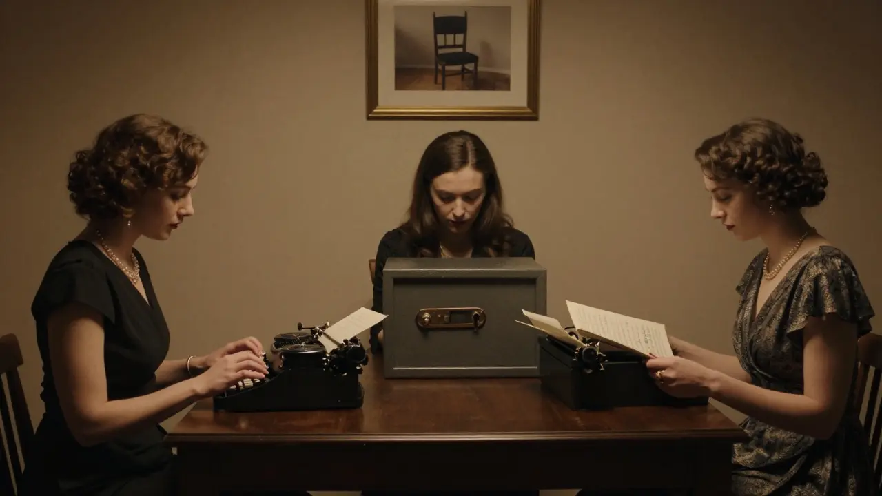 Three women review handwritten documents in a secure Vienna apartment, no digital technology visible.