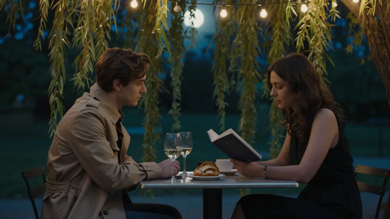 Two people enjoying quiet company at a café beside the Englischer Garten at dusk.