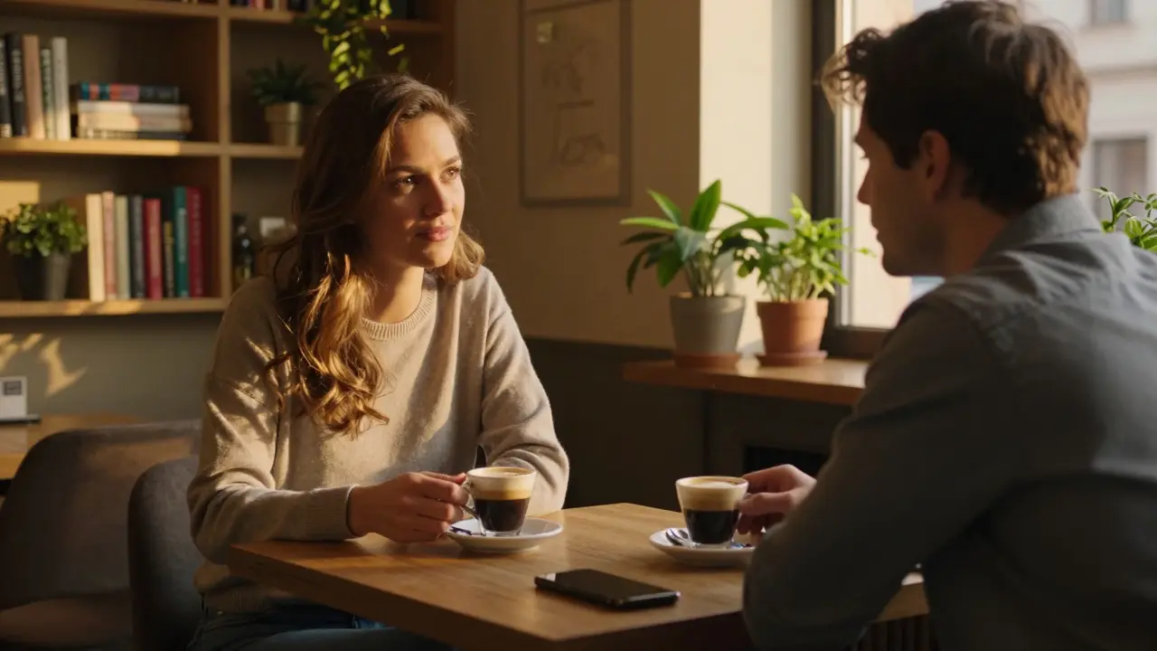 Two people having quiet conversation in a café, no physical contact, golden hour lighting.