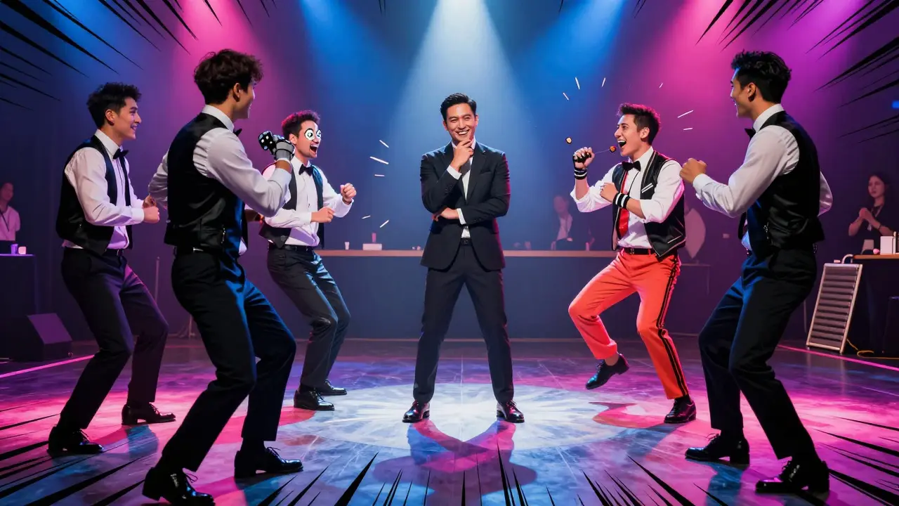 Two teams of men doing silly dance moves in a playful dance battle.